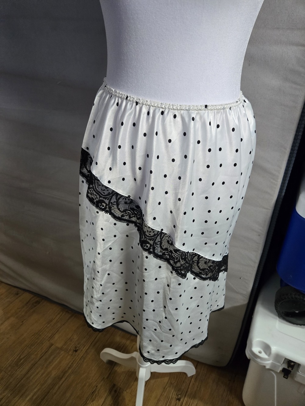 Valentino White Satin Polka Dot Slip Skirt with Black Lace, Vintage